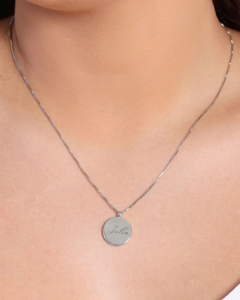 Gargantilha com Pingente Redondo Personalizado Ródio Branco