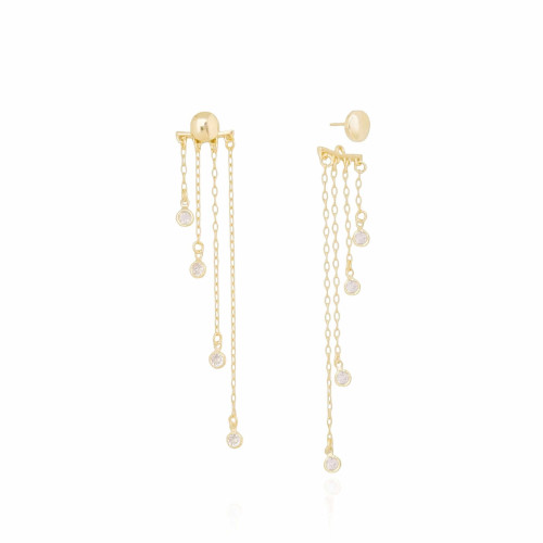 Ear Jacket Redondo Liso Franjas Pontos de Luz Cristal Banhado a Ouro 18K