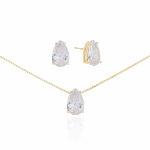 Conjunto Gotas Cristal Banhado a Ouro 18K