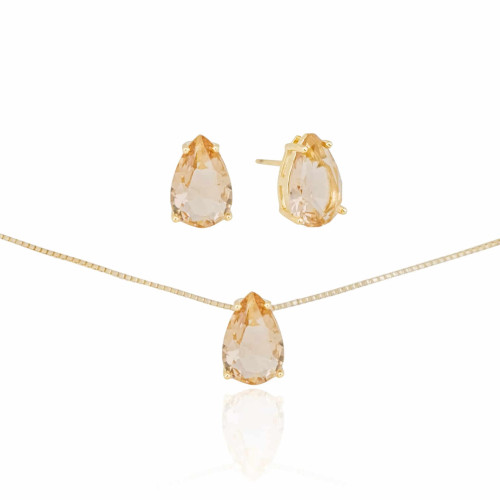 Conjunto Gotas Morganita Banhado a Ouro 18K