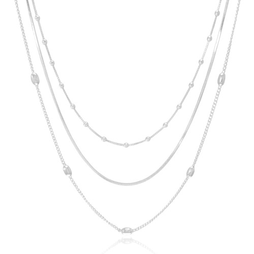 Gargantilha Tripla Bolinhas e Rabo de Rato Ródio Branco