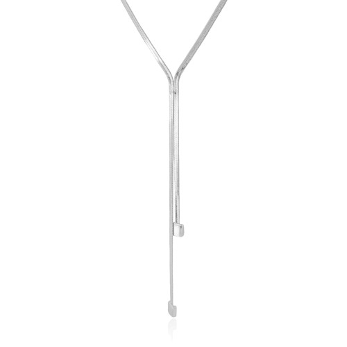 Gargantilha Gravata Malha Fita Quadrado Liso Ródio Branco