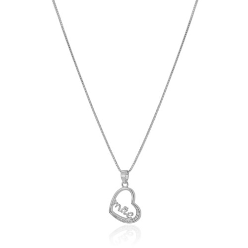 Gargantilha Coração Mãe Cravejado Cristal Ródio Branco - 45 cm