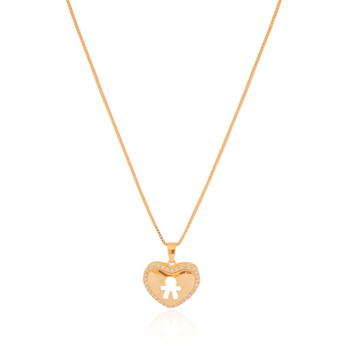 Gargantilha Coração Filho Menino Cravejado Cristal Banhado a Ouro 18K - 45 cm