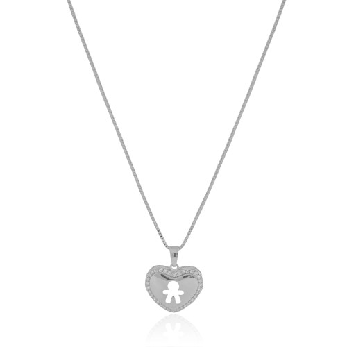 Gargantilha Coração Filho Menino Cravejado Cristal Ródio Branco - 45 cm