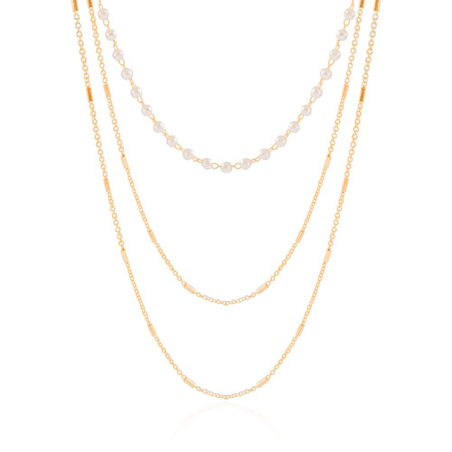 Gargantilha Tripla Pérolas Canutilhos Banhado a Ouro 18K