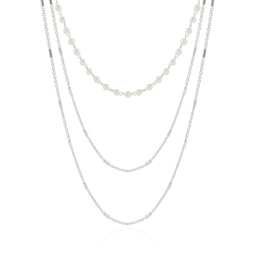 Gargantilha Tripla Pérolas Canutilhos Ródio Branco