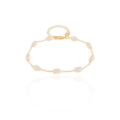 Pulseira Elos Pérolas Ovais 4 mm Banhado a Ouro 18K