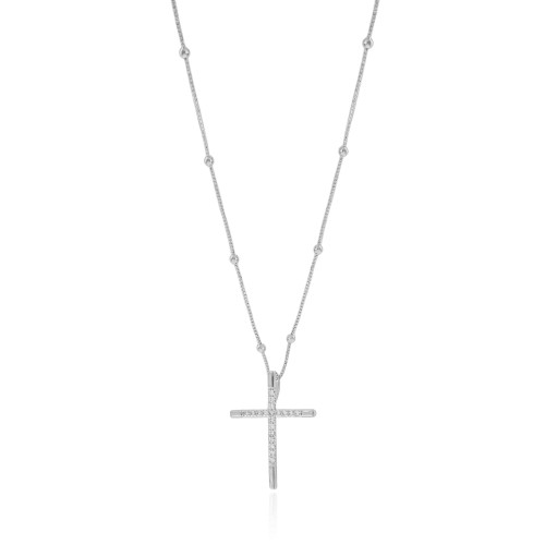 Gargantilha Veneziana Bolinhas Cruz Cravejada Cristal Ródio Branco - 45 cm