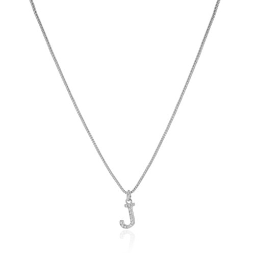 Gargantilha Veneziana Letra J Cravejada Cristal Ródio Branco - 45 cm