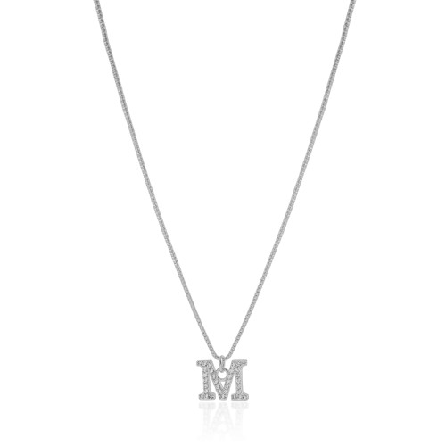 Gargantilha Veneziana Letra M Cravejada Cristal Ródio Branco - 45 cm