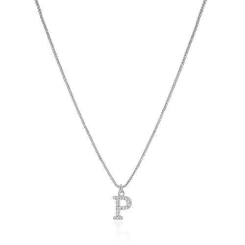 Gargantilha Veneziana Letra P Cravejada Cristal Ródio Branco - 45 cm