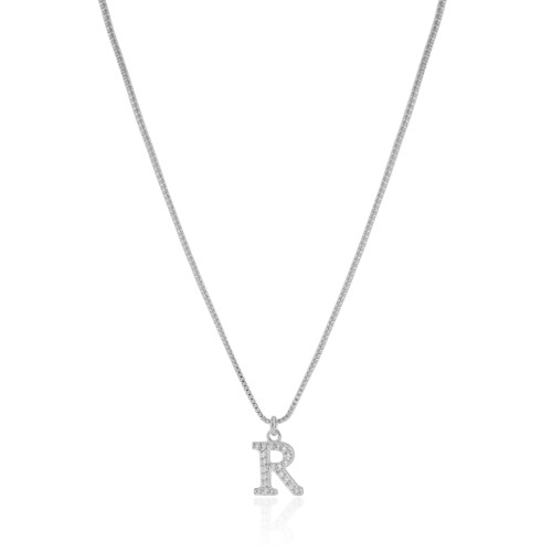 Gargantilha Veneziana Letra R Cravejada Cristal Ródio Branco - 45 cm