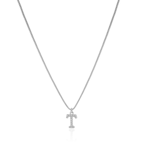 Gargantilha Veneziana Letra T Cravejada Cristal Ródio Branco - 45 cm