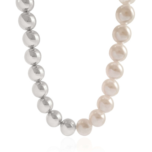 Gargantilha Bolas Lisas e Pérolas Ródio Branco - 40 cm