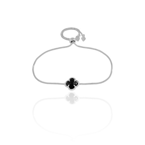 Pulseira Trevo Preto Fecho Gravata Ródio Branco