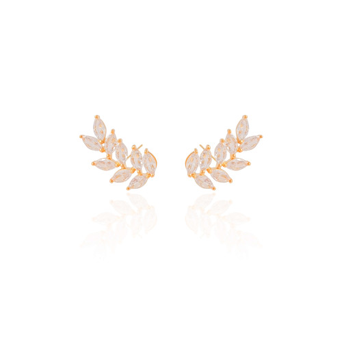 Ear Cuff Folha Navetes Cristal Banhado a Ouro 18K
