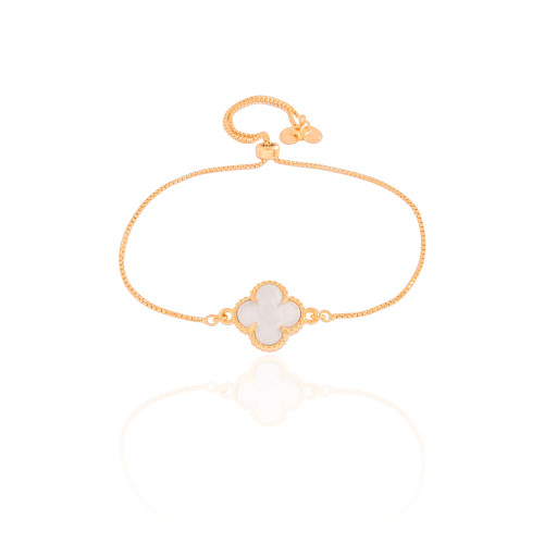 Pulseira Trevo Madrepérola Fecho Gravata Banhado a Ouro 18K