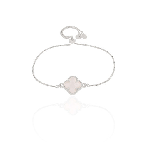 Pulseira Trevo Madrepérola Fecho Gravata Ródio Branco