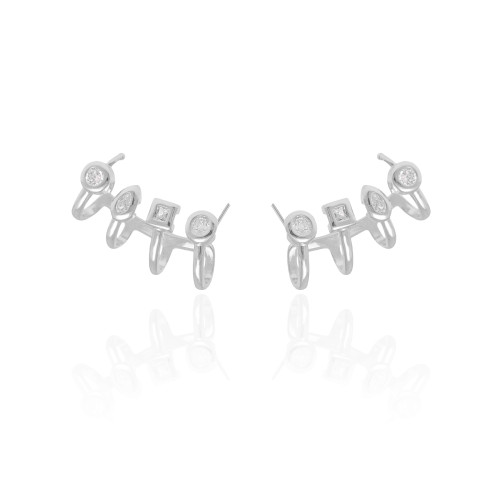 Ear Cuff Geométrico Cristal Ródio Branco