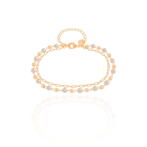 Pulseira Dupla Elos Pérolas Banhado a Ouro 18K