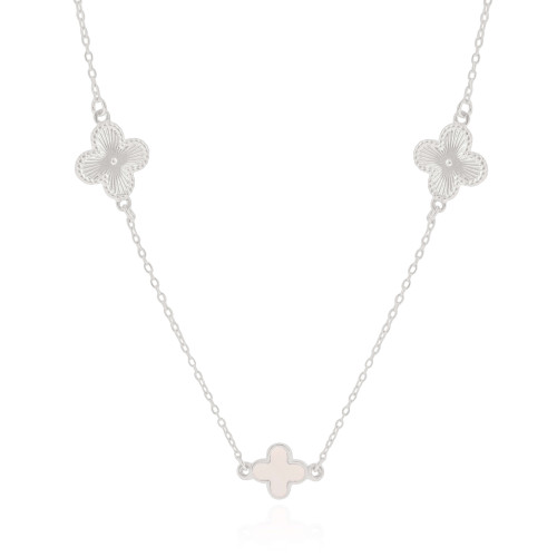 Gargantilha Elos Trevo Riscado e Madrepérola Ródio Branco - 50 cm