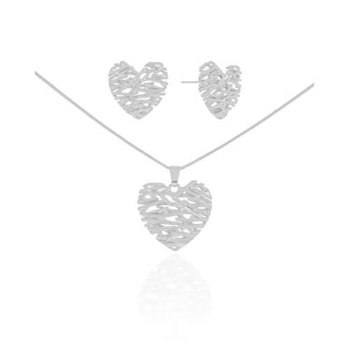 Conjunto Coração Galhos Ródio Branco