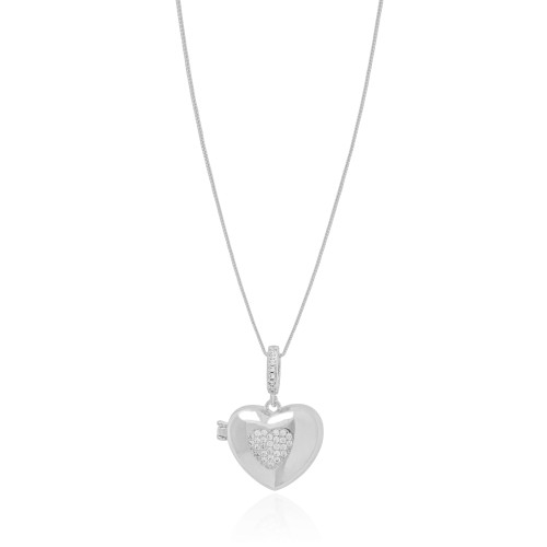 Relicário Coração Cravejado Cristal Ródio Branco - 45 cm