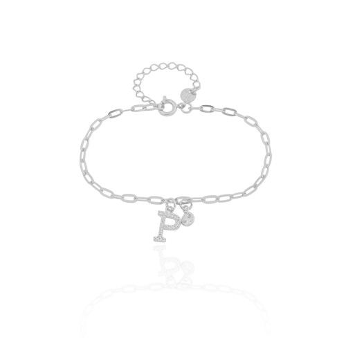 Pulseira Elos Letra P Cravejado Cristal Ródio Branco