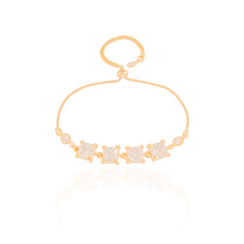 Pulseira Fecho Gravata Quadrados Cristal Banhado a Ouro 18K
