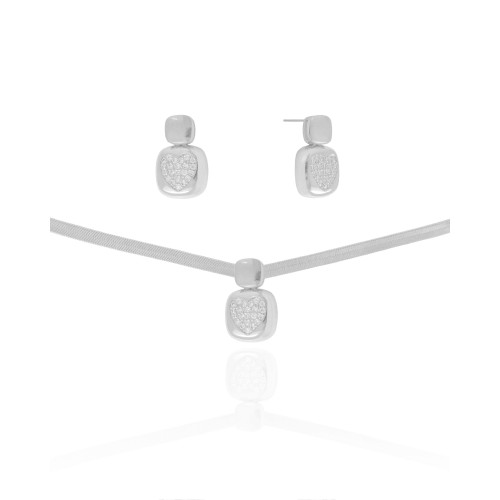 Conjunto Malha Fita Coração Cravejado Cristal Ródio Branco