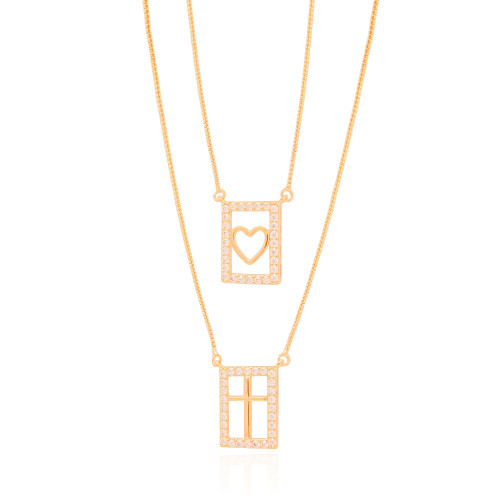 Gargantilha Dupla Cruz Coração Cravejado Cristal Banhado a Ouro 18K