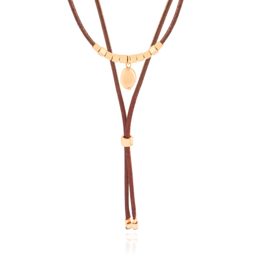 Gargantilha Dupla Fio Coreano Gravata Pingente Barroco Banhado a Ouro 18K - 31 cm