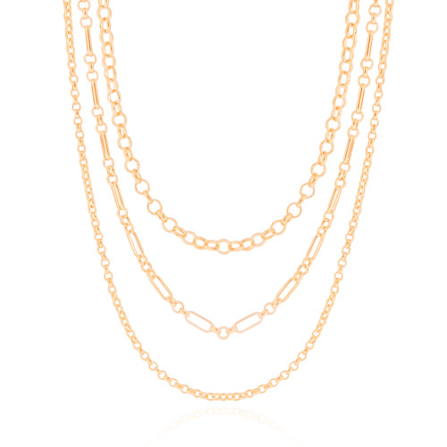 Gargantilha Tripla Elos Portugueses e Ovais Banhado a Ouro 18K