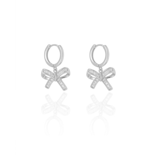 Brinco Argola Click Laço Baguetes Cristal 2.6 cm Ródio Branco