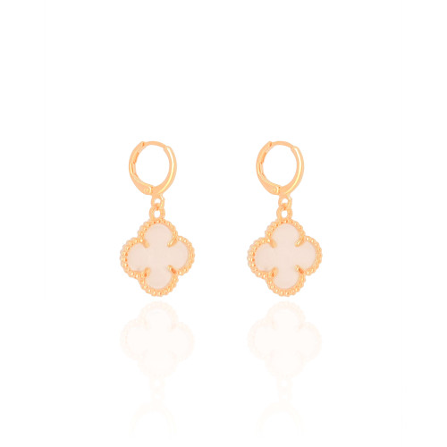 Brinco Argola Click Trevo Madrepérola 3.2 cm Banhado a Ouro 18K