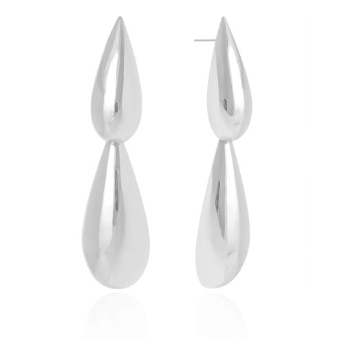 Brinco Gota Dupla Lisa 7.7 cm Ródio Branco