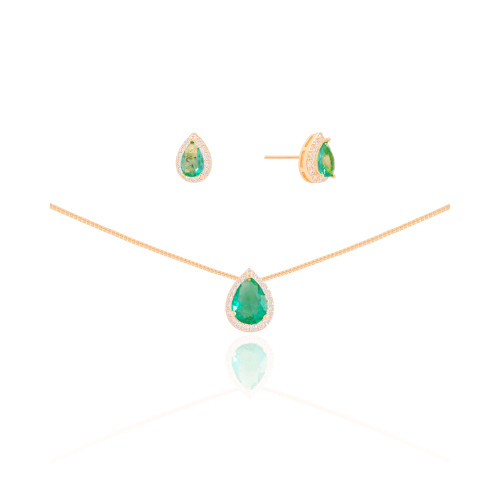 Conjunto Gota Turmalina Cravejado Cristal Banhado a Ouro 18K