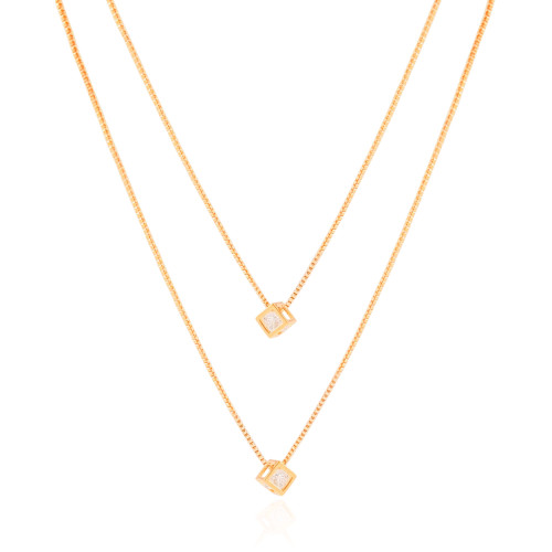 Gargantilha Dupla Quadrados Pontos de Luz Cirstal Banhado a Ouro 18K