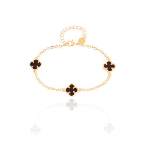 Pulseira Elos Trevos Tom Onix Banhado a Ouro 18K