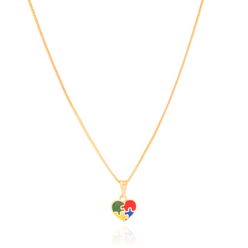 Gargantilha Infantil Elos Coração Autismo 9 mm Banhado a Ouro 18K - 45 cm