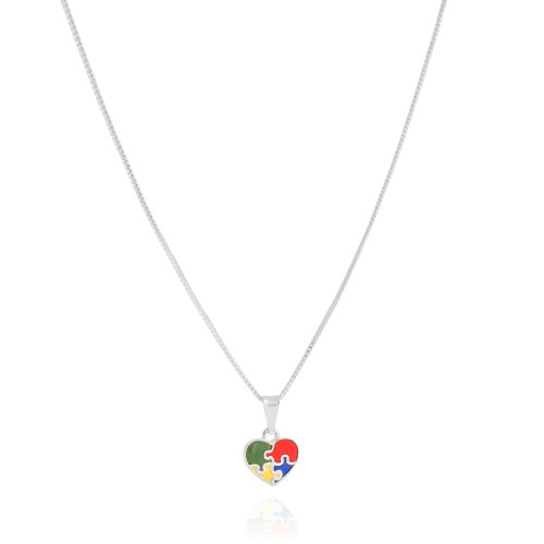 Gargantilha Infantil Elos Coração Autismo 9 mm Ródio Branco - 45 cm