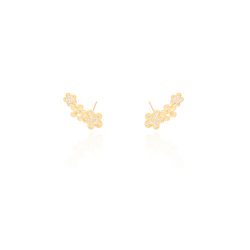 Ear Cuff Flores Lisas e Cravejadas Cristal Banhado a Ouro 18K