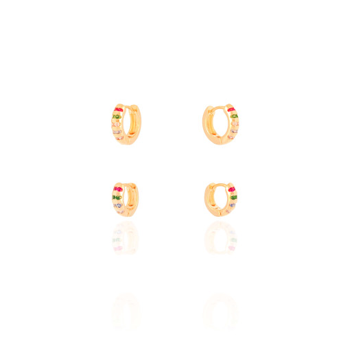 Dupla de Argolas Pontos de Luz Coloridos Banhado a Ouro 18K