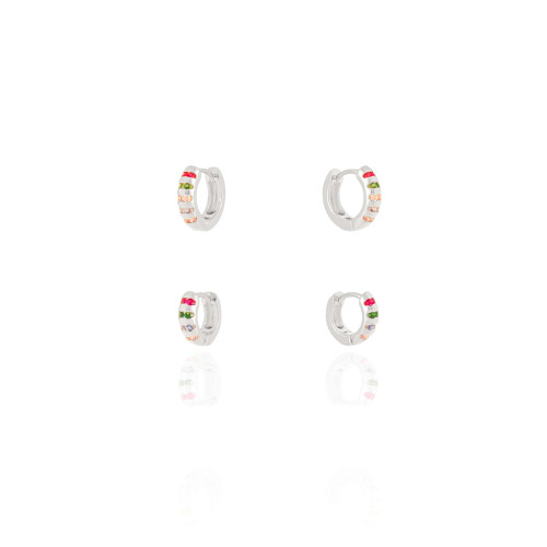 Dupla de Argolas Pontos de Luz Coloridos Ródio Branco