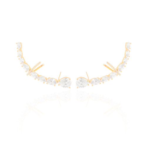 Ear Cuff Pontos de Luz Ovais Cravejado Cristal Banhado a Ouro 18K