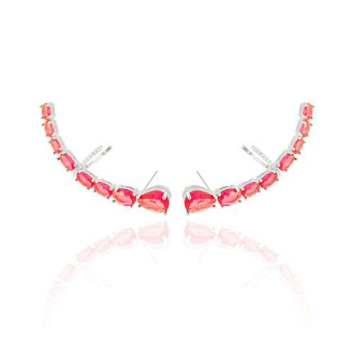 Ear Cuff Pontos de Luz Ovais Rubi Cravejado Cristal Ródio Branco