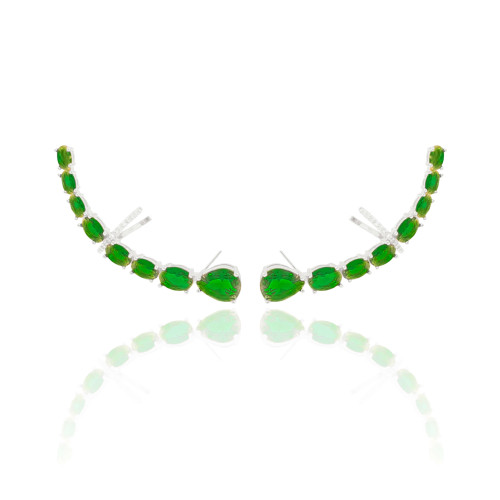 Ear Cuff Pontos de Luz Ovais Esmeralda Cravejado Cristal Ródio Branco