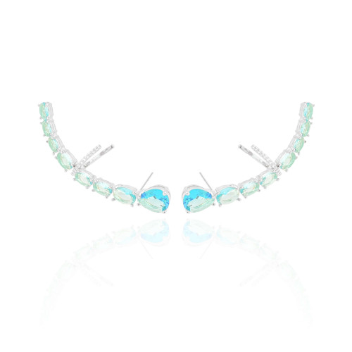 Ear Cuff Pontos de Luz Ovais Topázio Sky Cravejado Cristal Ródio Branco