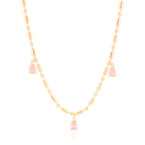 Gargantilha Gomos Gotas Safira Rosa Banhado a Ouro 18K - 40 cm
